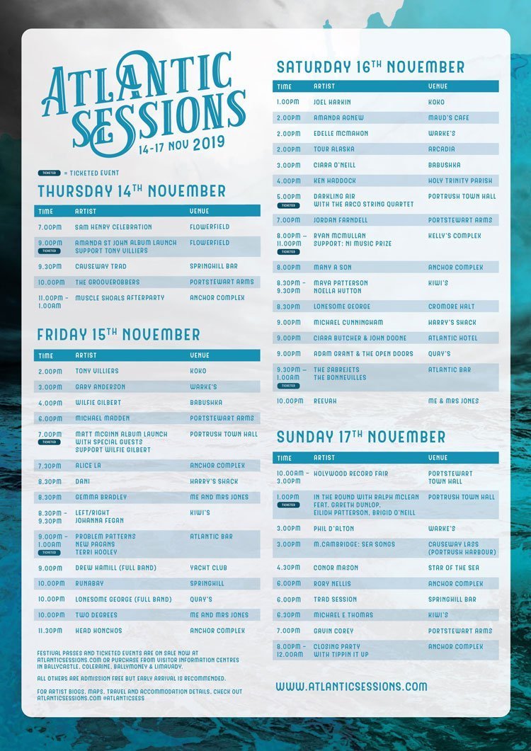 Full Programme for ATLANTIC SESSIONS Announced - Over 100 musicians in over 20 venues in Portrush and Portstewart - 14 – 17 November 2019