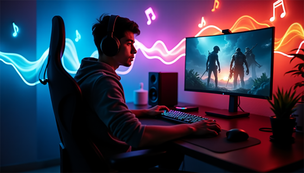 Man sitting and playing video games and listening to music