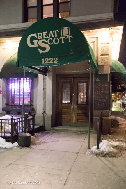 Outside Great Scott on an icy Boston eve