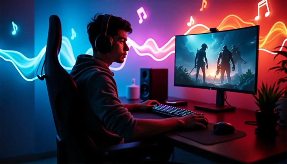 Man sitting and playing video games and listening to music